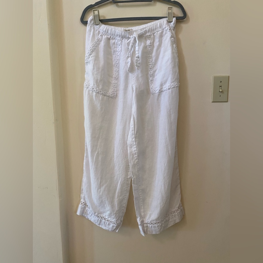 100% Linen White Wide Leg Lattice Eyelet Pants Drawstring Waist M - Picture 2 of 8